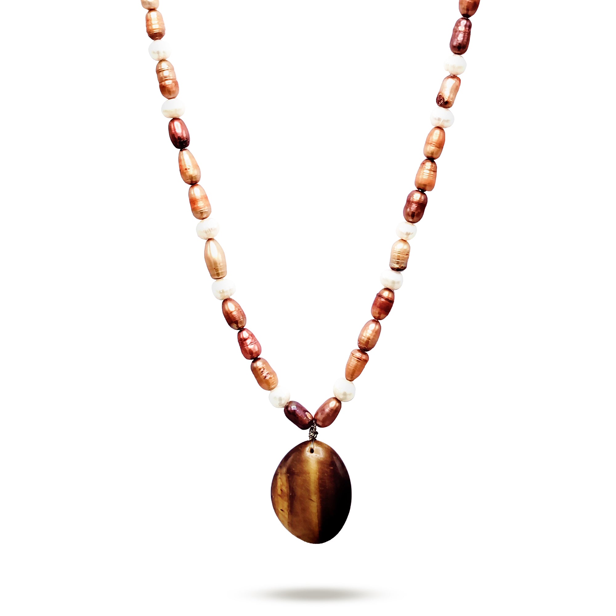 Fresh water Colored Pearls Necklace with Tiger Eye Pendant
